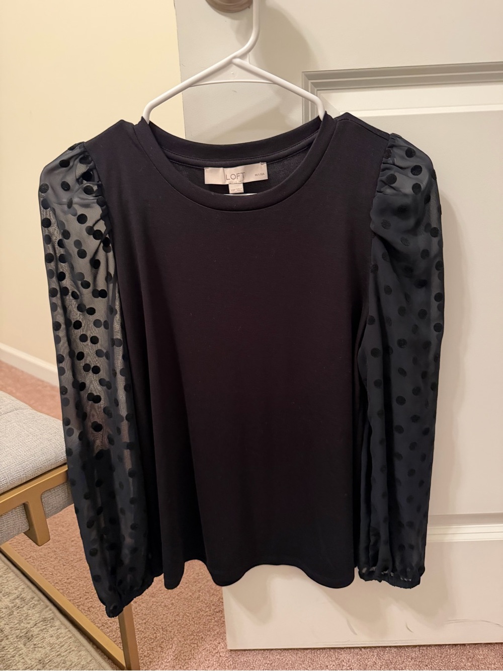 LOFT Black Sheer Polka Dot Puff Sleeve Long Sleeve Top
